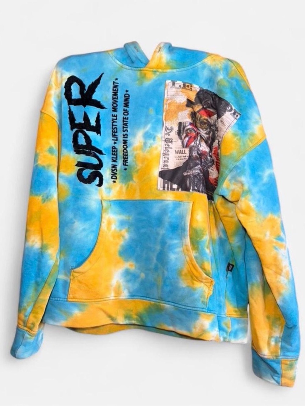 KLEEP Tie-Dye Blue & Yellow 'SUPER' Graphic Hoodie